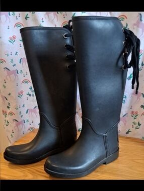 EUC Coach Tristee Black Tall Rubber Rain Casual Prep Bow Boot Shoe SZ 6B